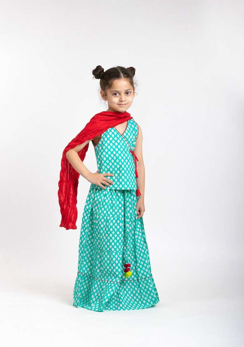 Sea Green Printed Blended Lehenga Choli For Girls - Indya