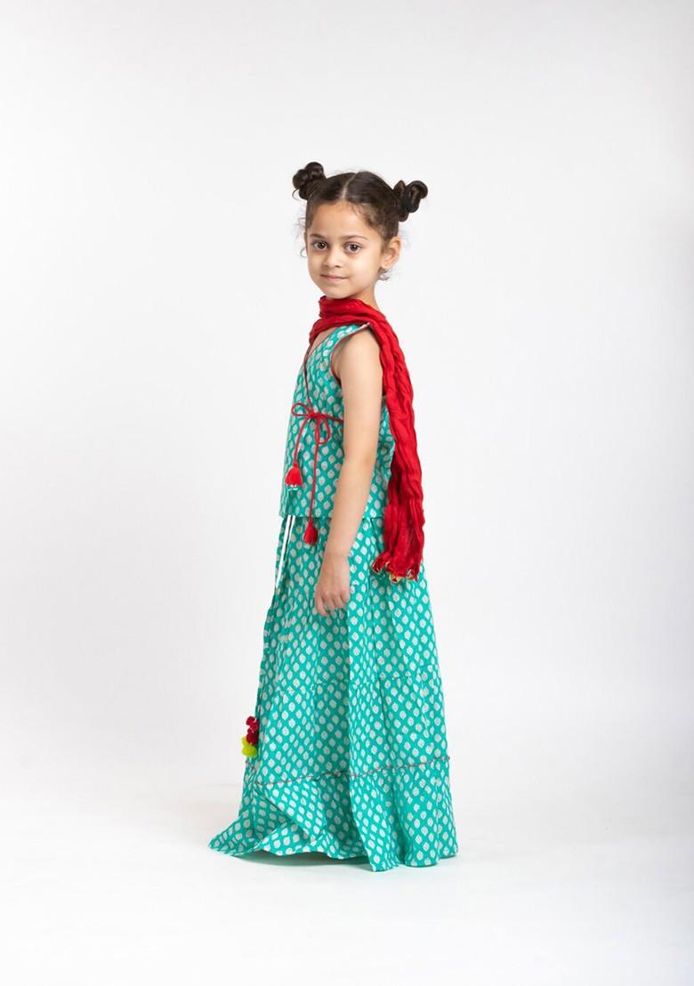 Sea Green Printed Blended Lehenga Choli For Girls - Indya