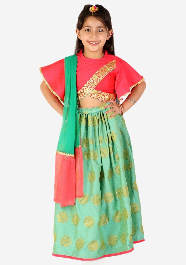 Green Embellished Blended Lehenga Choli For Girls - Indya