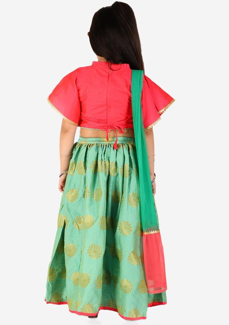 Green Embellished Blended Lehenga Choli For Girls - Indya