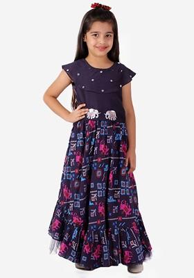 Navy Blue Printed Blended Lehenga Choli For Girls