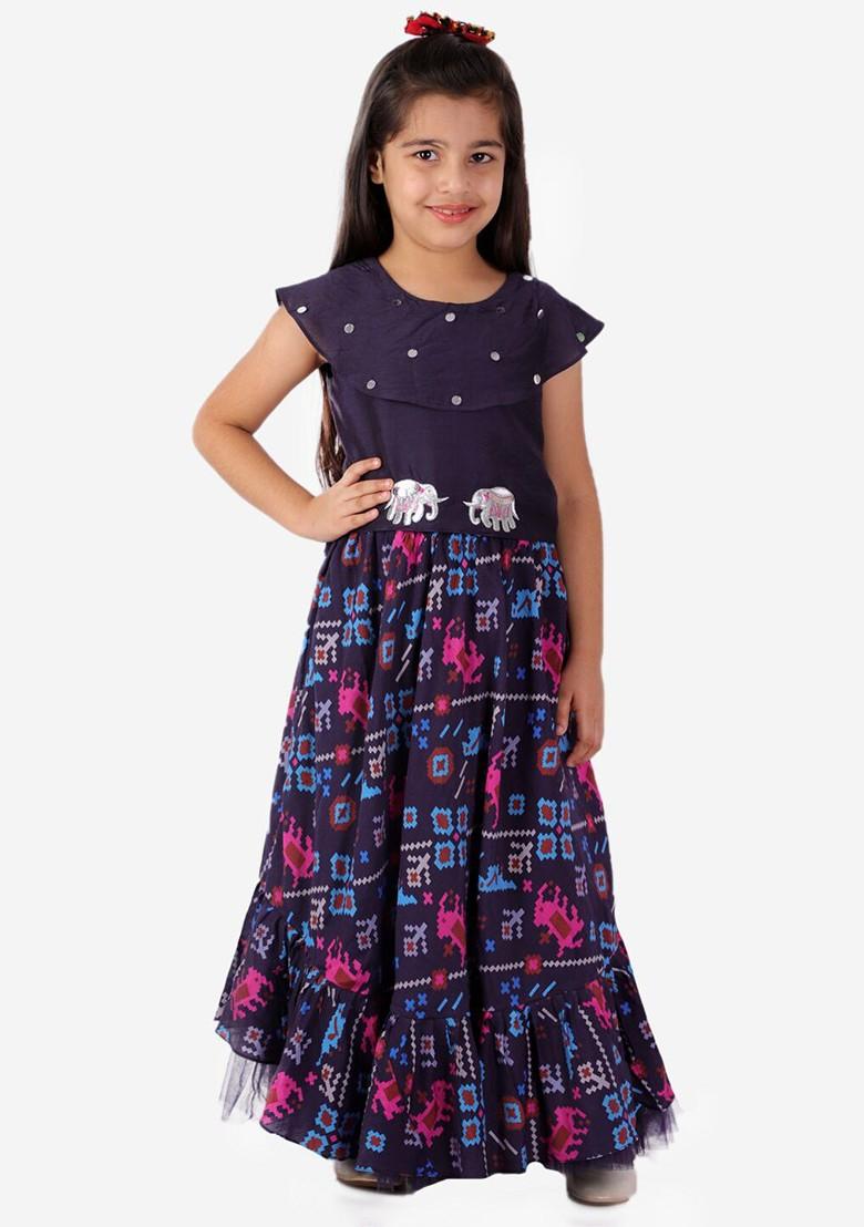 Navy Blue Printed Blended Lehenga Choli For Girls - Indya