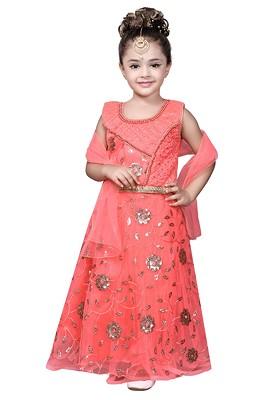 Orange Embellished Blended Lehenga Choli For Girls
