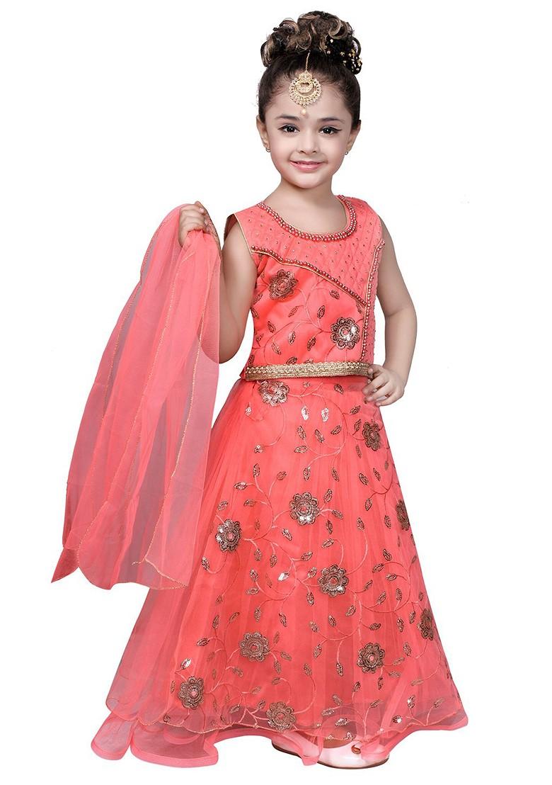 Orange Embellished Blended Lehenga Choli For Girls - Indya