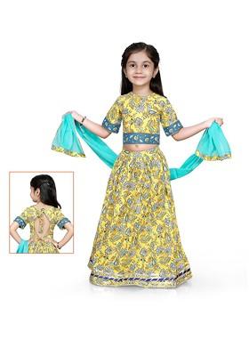 Yellow Printed Blended Lehenga Choli For Girls