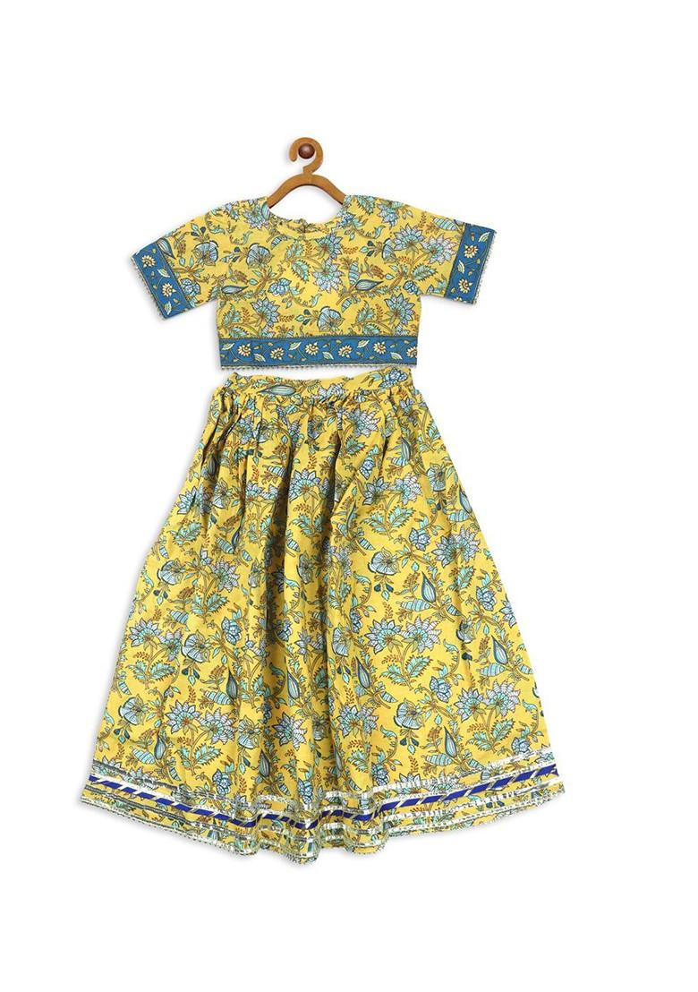 Yellow Printed Blended Lehenga Choli For Girls - Indya