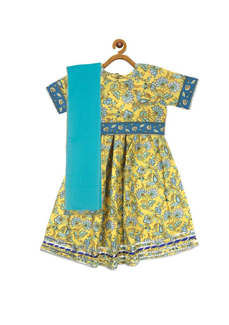 Yellow Printed Blended Lehenga Choli For Girls - Indya