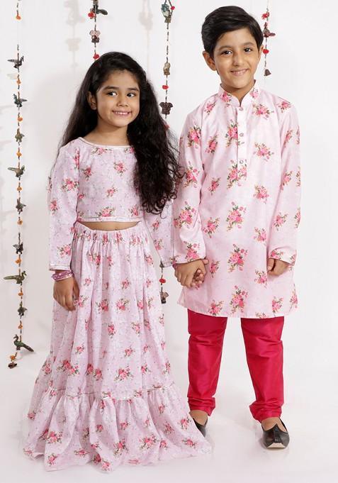 Pink Printed Cotton Blend Lehenga Choli For Girls — view on Indya