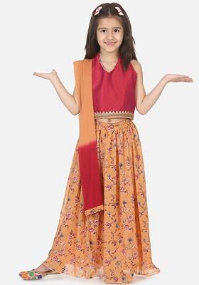 Peach Embroidered Blended Lehenga Choli For Girls