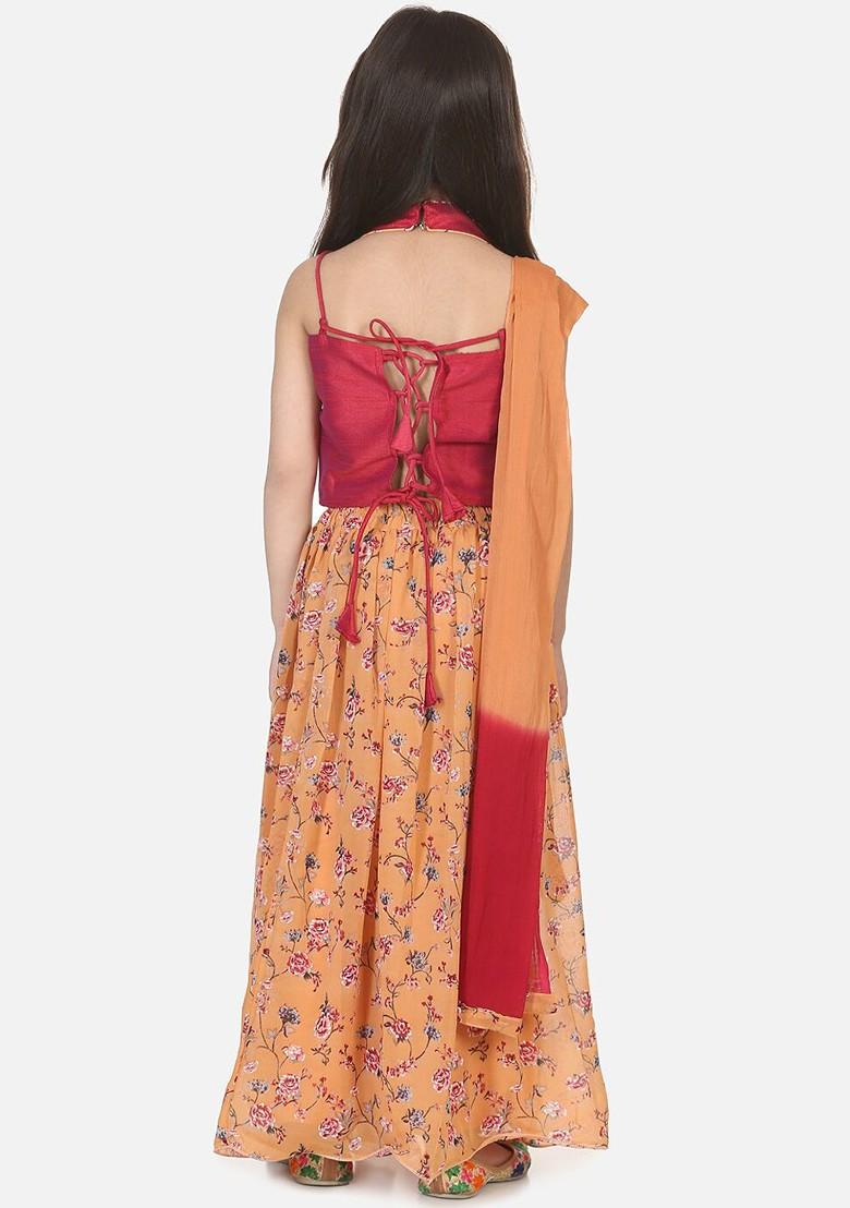 Peach Embroidered Blended Lehenga Choli For Girls - Indya