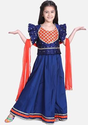 Blue Embellished Blended Lehenga Choli For Girls