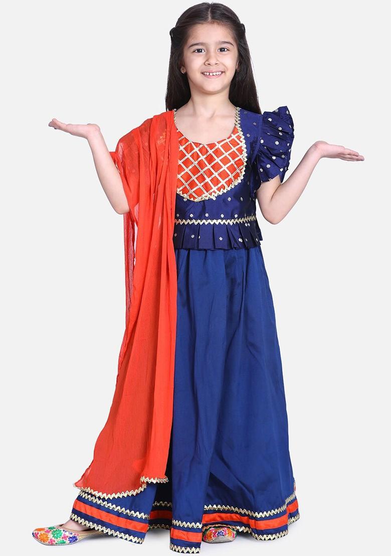 Blue Embellished Blended Lehenga Choli For Girls - Indya