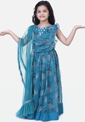 Teal Embroidered Blended Lehenga Choli For Girls