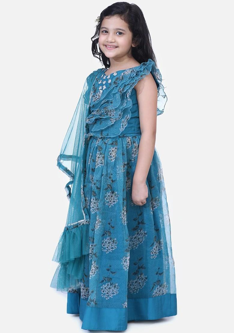 Teal Embroidered Blended Lehenga Choli For Girls - Indya