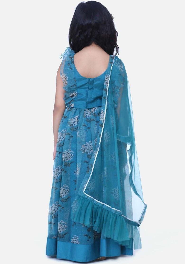 Teal Embroidered Blended Lehenga Choli For Girls - Indya