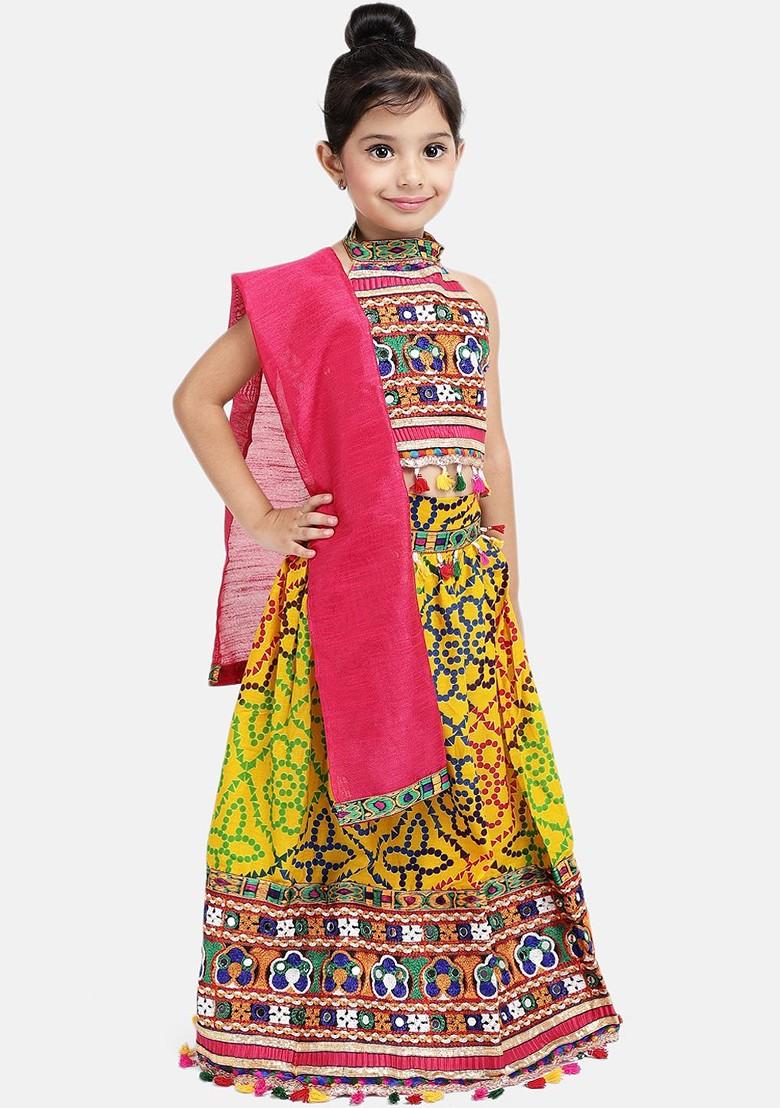 Yellow Embroidered Blended Lehenga Choli For Girls - Indya