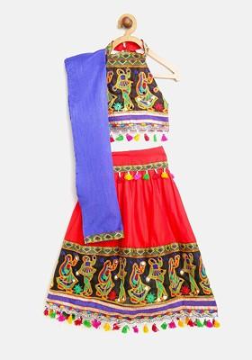 Red Embroidered Blended Lehenga Choli For Girls