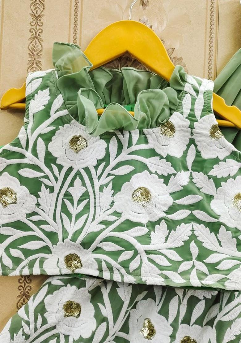 Sea Green Embroidered Georgette Lehenga Choli For Girls - Indya