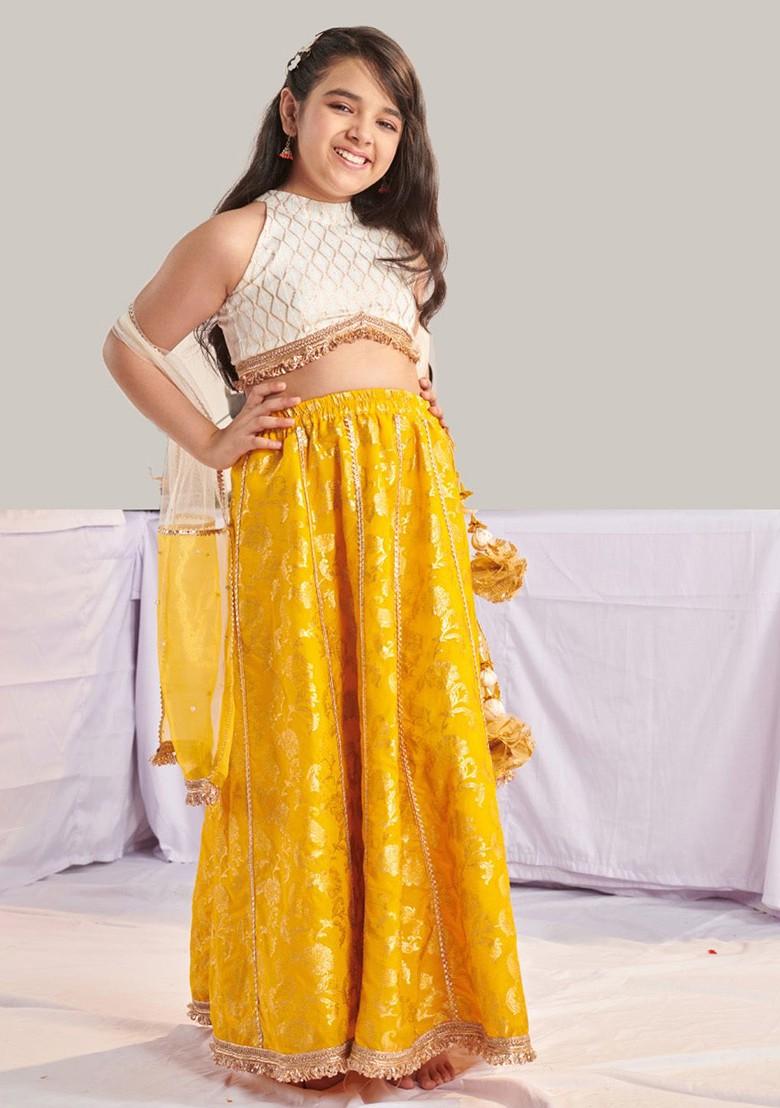 Yellow Printed Blended Lehenga Choli For Girls - Indya