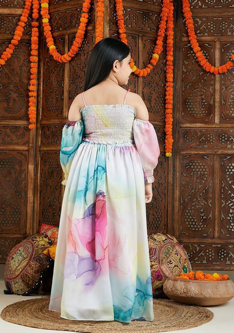 White Printed Blended Lehenga Choli For Girls - Indya