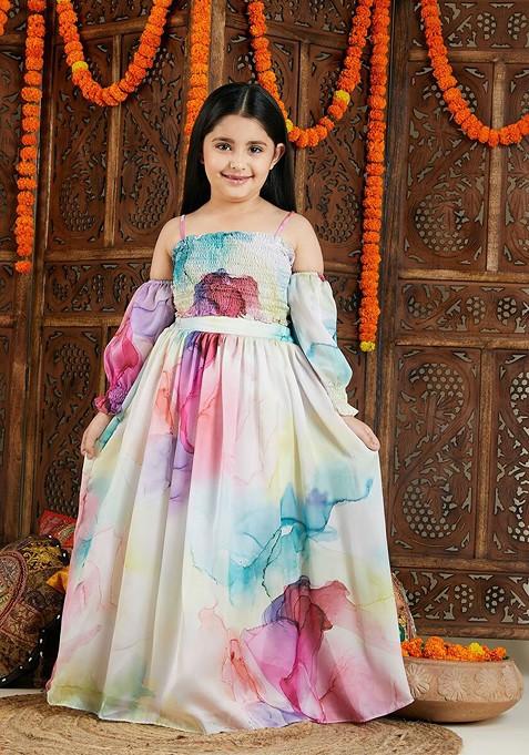 White Printed Blended Lehenga Choli For Girls