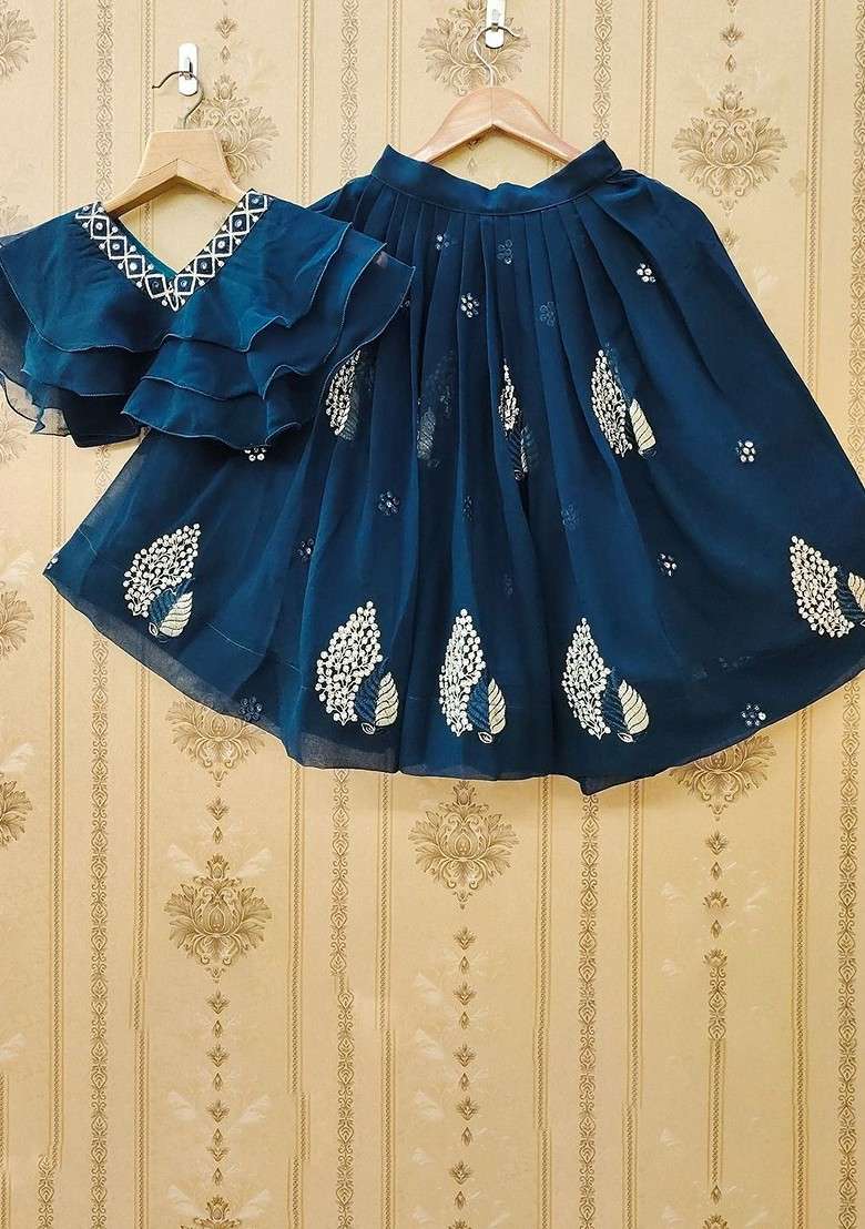 Teal Embellished Blended Lehenga Choli For Girls - Indya