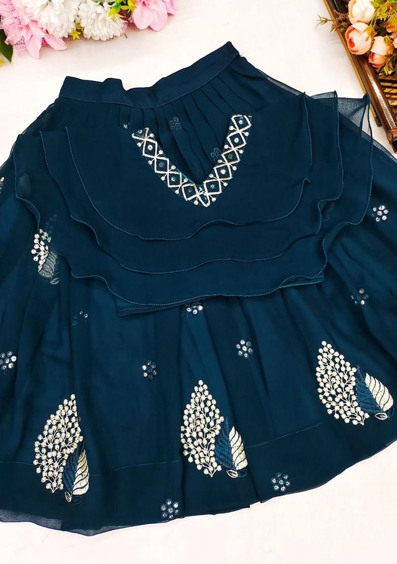 Teal Embellished Blended Lehenga Choli For Girls - Indya