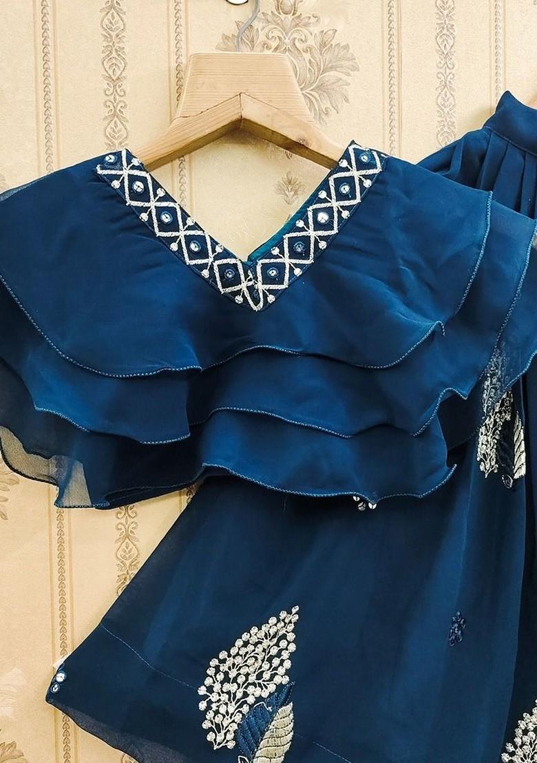 Teal Embellished Blended Lehenga Choli For Girls - Indya