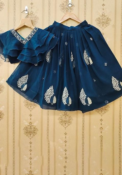 Teal Embellished Blended Lehenga Choli For Girls — view on Indya