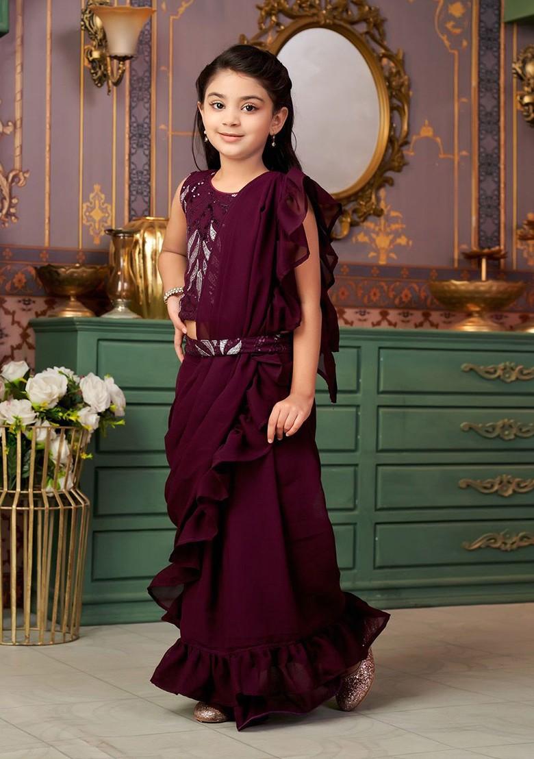 Burgundy Embellished Blended Lehenga Choli For Girls - Indya