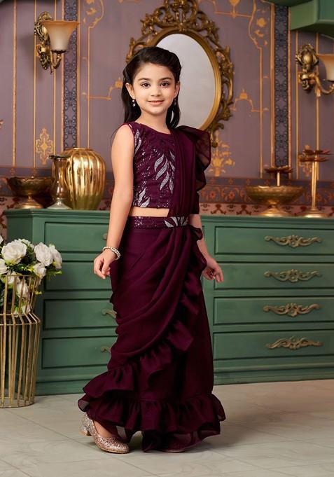 Burgundy Embellished Blended Lehenga Choli For Girls — view on Indya