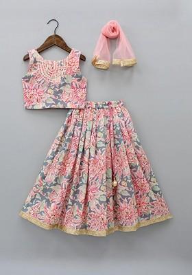 Peach Embroidered Net Lehenga Choli For Girls