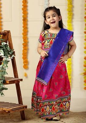 Pink Embroidered Cotton Blend Lehenga Choli For Girls