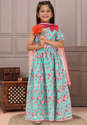 Blue Printed Cotton Blend Lehenga Choli For Girls