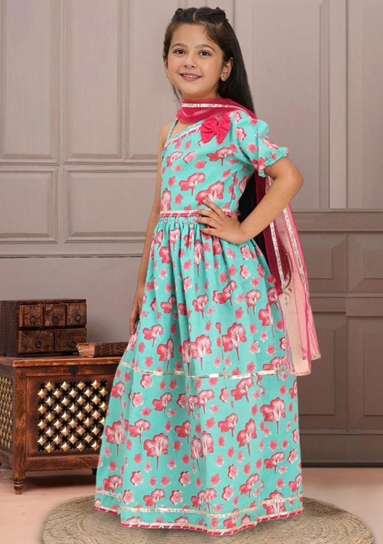 Blue Printed Cotton Blend Lehenga Choli For Girls - Indya