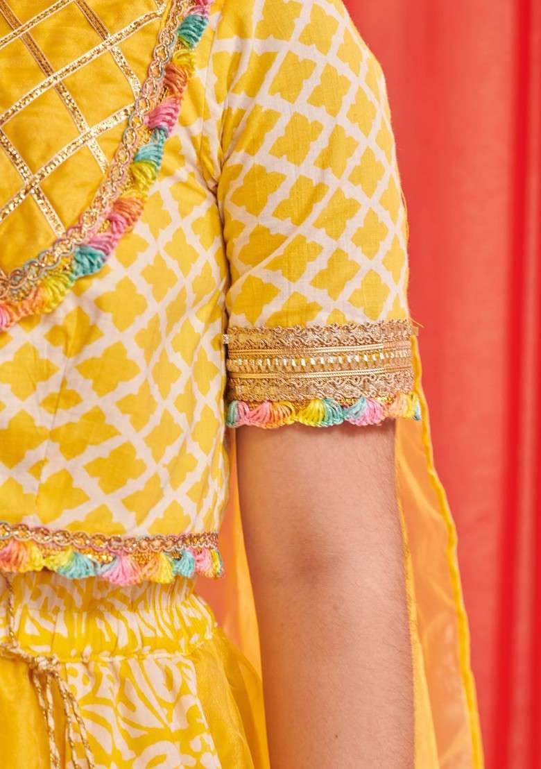 Yellow Printed Blended Lehenga Choli For Girls - Indya