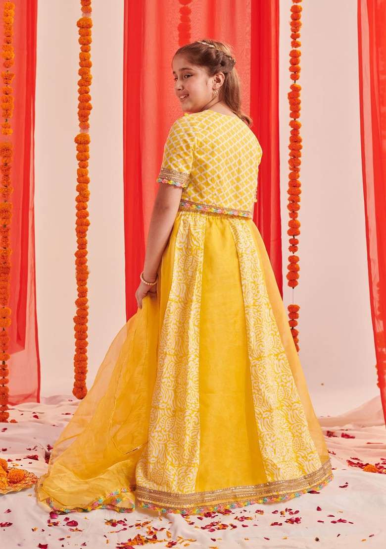 Yellow Printed Blended Lehenga Choli For Girls - Indya