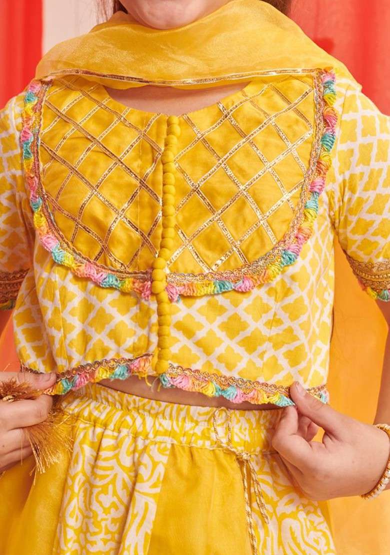 Yellow Printed Blended Lehenga Choli For Girls - Indya