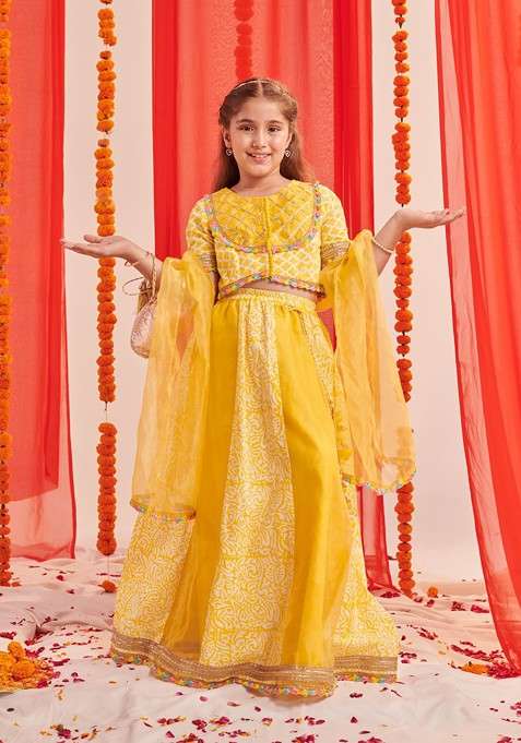 Yellow Printed Blended Lehenga Choli For Girls