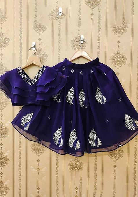 Navy Blue Embellished Blended Lehenga Choli For Girls — view on Indya
