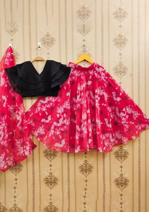 Red Printed Blended Lehenga Choli For Girls — view on Indya