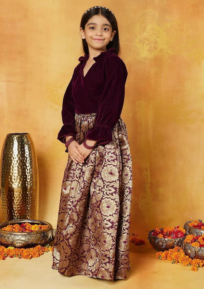 Burgundy Embroidered Blended Lehenga Choli For Girls - Indya