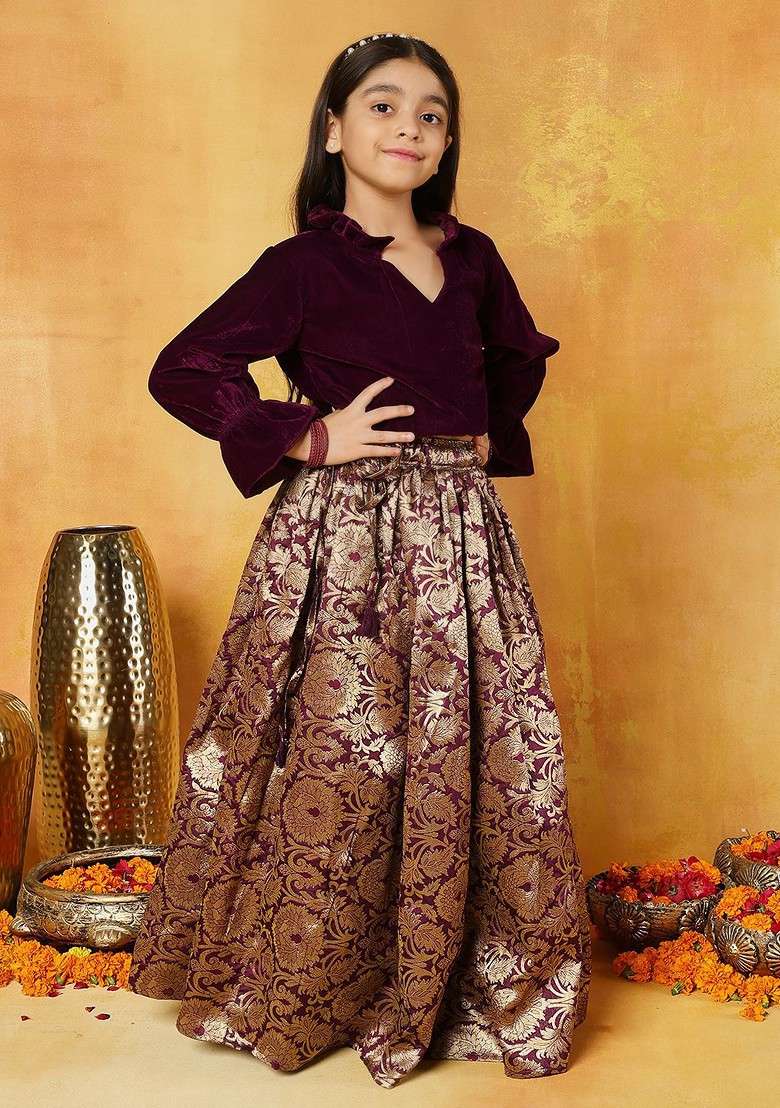Burgundy Embroidered Blended Lehenga Choli For Girls - Indya