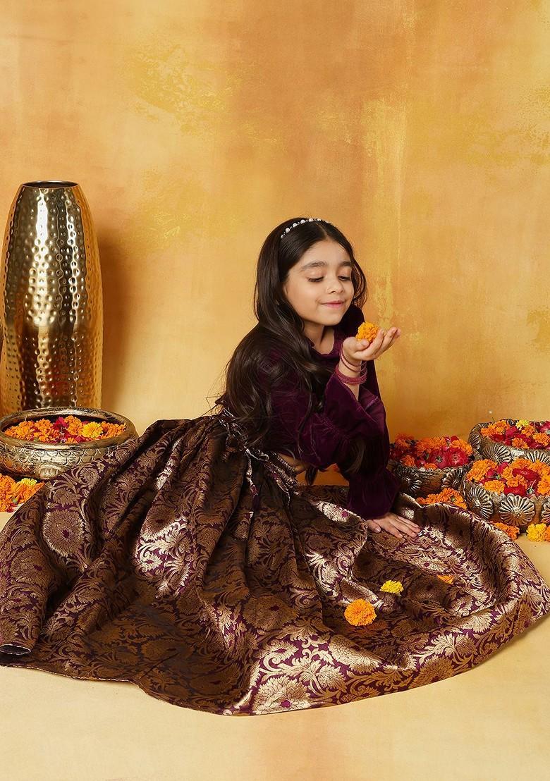 Burgundy Embroidered Blended Lehenga Choli For Girls - Indya