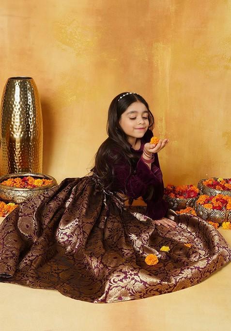 Burgundy Embroidered Blended Lehenga Choli For Girls — view on Indya