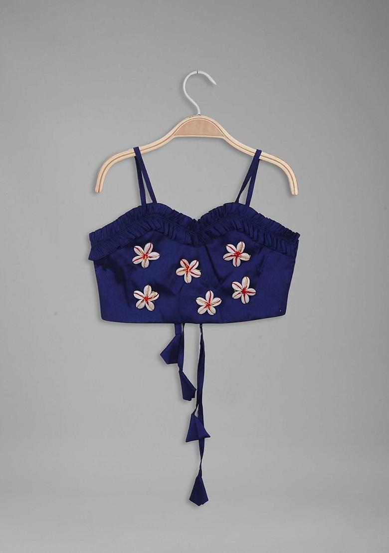 Navy Blue Embroidered Blended Lehenga Choli For Girls - Indya