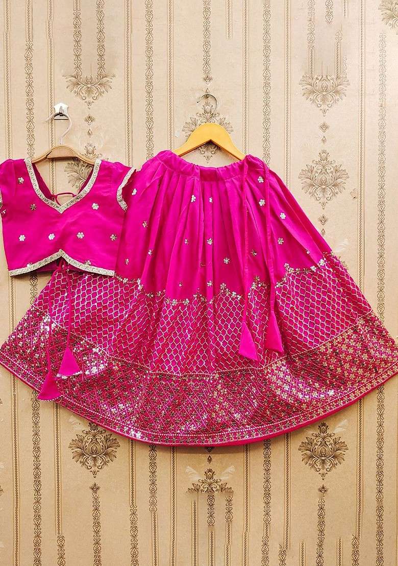 Pink Embroidered Blended Lehenga Choli For Girls - Indya