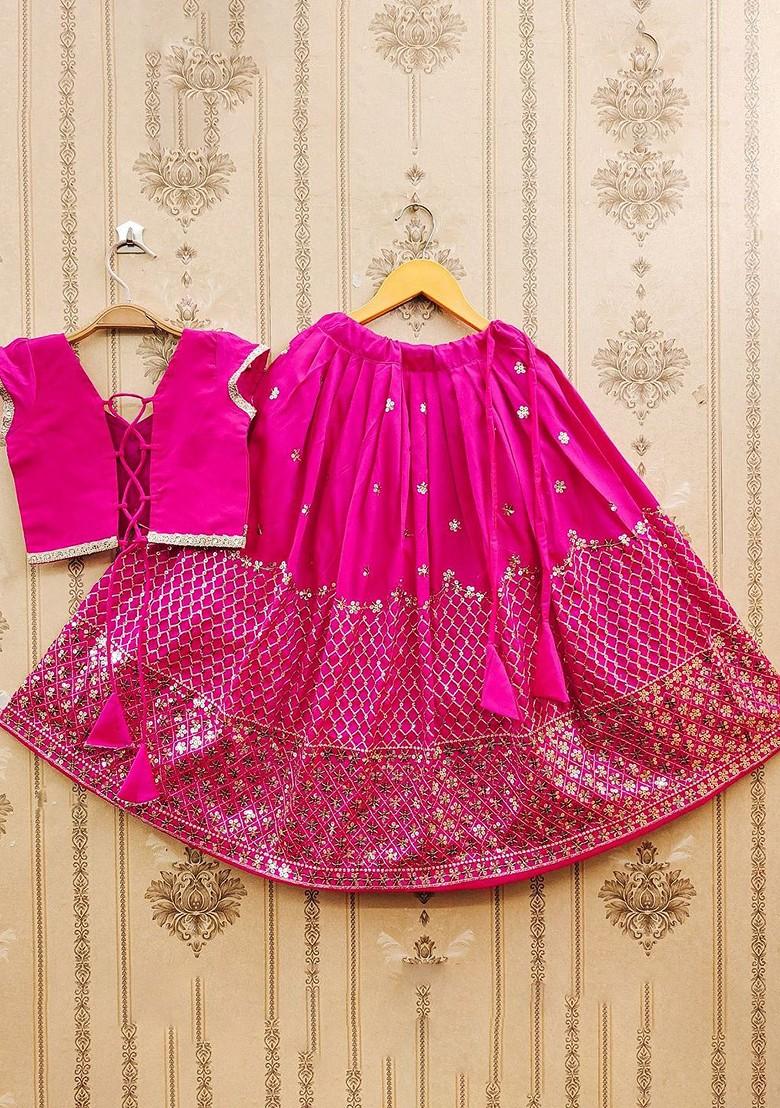 Pink Embroidered Blended Lehenga Choli For Girls - Indya
