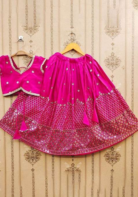 Pink Embroidered Blended Lehenga Choli For Girls