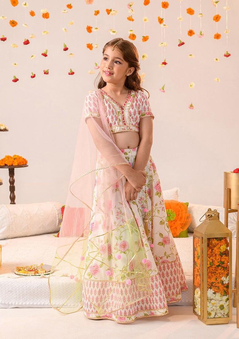 Off White Printed Blended Lehenga Choli For Girls - Indya
